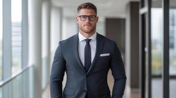 A man in a suit and glasses standing in an office photo