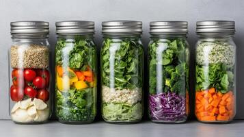 Five glass jars filled with different types of vegetables photo
