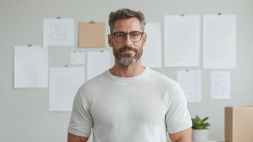 A man with glasses and a beard standing in front of a white wall photo