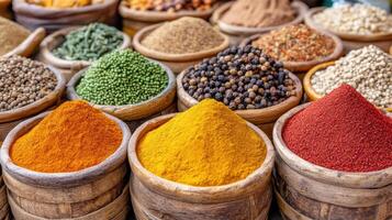 Various types of spices and herbs in wooden bowls photo