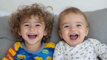 Two young children are laughing on a couch photo