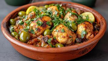 A bowl of chicken and rice with olives photo