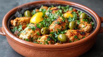 Chicken and vegetables in a pot photo