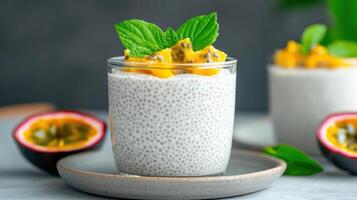 Passion fruit chia pudding with mint leaves photo