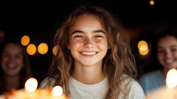 A girl smiles while holding a candle photo