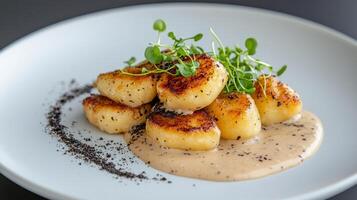 A plate with scallops on top of sauce photo
