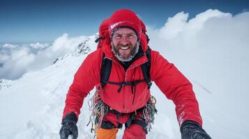 A man in red jacket standing on top of a snowy mountain photo