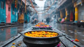 A street with pots filled with flowers and water photo