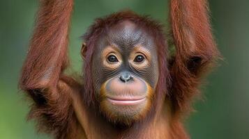 A young oranguel monkey is holding onto a tree photo