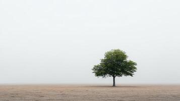 A lone tree stands in a foggy field photo