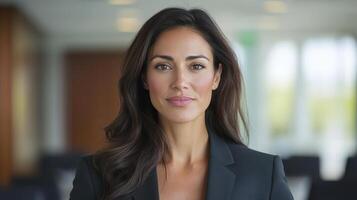 Confident businesswoman in professional setting, showcasing leadership and poise photo