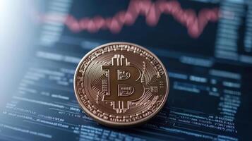 Digital currency concept featuring Bitcoin financial chart background, symbolizing investment photo