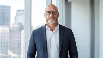 Confident professional man in modern office with city view, showcasing leadership and success photo