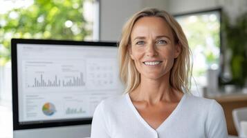 confident professional smiling in office setting with data dashboards in background photo