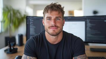 confident man with tattoos smiles while sitting desk with dual monitors, showcasing modern photo