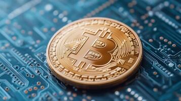 Digital currency coin on circuit board background, symbolizing technology and finance photo