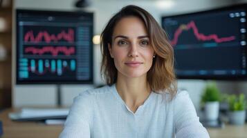professional woman focused on financial analysis, surrounded by data charts and graphs photo