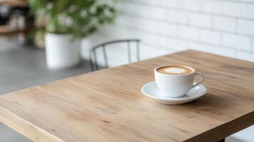 cozy coffee cup on wooden table in modern cafe setting, inviting relaxation photo
