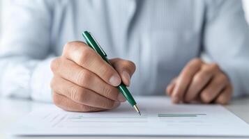 A man is writing on a paper with a pen photo