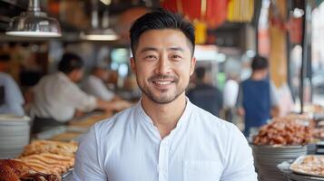 smiling man stands confidently in bustling food market, surrounded by delicious dishes photo