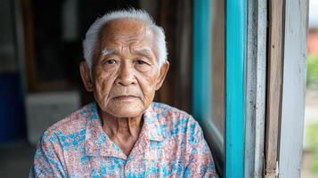 An old man looking out the window photo