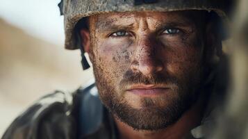 A soldier with a beard and a dirty face photo