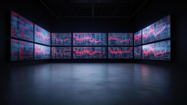 A large room with multiple screens showing different colors photo