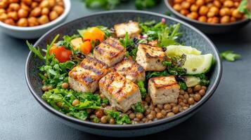 A bowl of tofu, chickpeas and vegetables photo