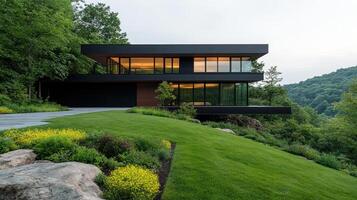 A modern house on a hillside overlooking the mountains photo