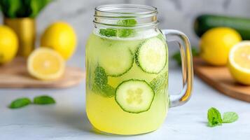 A jar of lemonade with cucumber slices and mint leaves photo