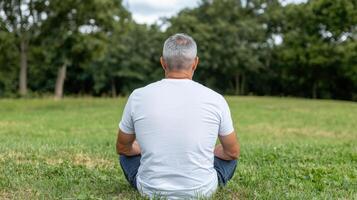 A man sitting in the grass with his back to the camera photo
