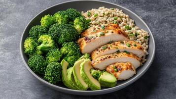 A bowl with chicken, broccoli and rice photo