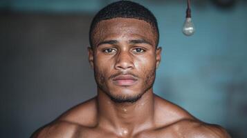 A man with no shirt on standing in front of a light bulb photo