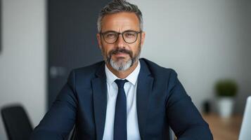 Professional man in suit with glasses, exuding confidence and focus in office setting photo