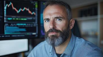 Professional trader analyzing financial charts with focused expression, surrounded by screens photo