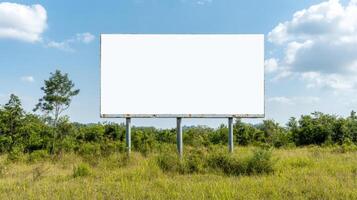 large blank billboard stands in lush green field under bright blue sky, inviting creativity photo