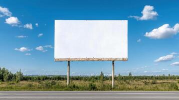 large blank billboard stands prominently open field bright blue sky, inviting creativity photo