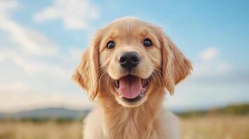 Happy puppy with joyful expression in sunny outdoor setting photo