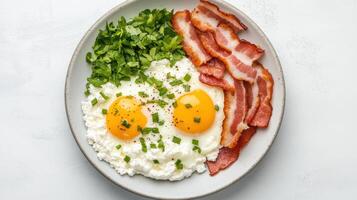Delicious protein rich breakfast plate with eggs, bacon, and fresh herbs photo