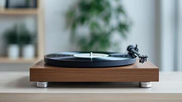 vintage record player spinning vinyl, showcasing warm and nostalgic atmosphere photo