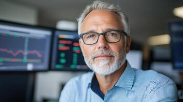 A man with glasses and a beard in front of multiple computer screens photo