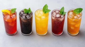 Five different colored drinks in glasses on a gray background photo