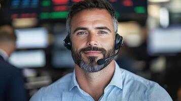 A man wearing a headset in front of a computer screen photo
