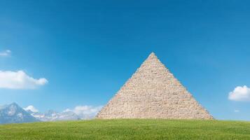 A pyramid on top of a grassy hill with blue sky photo