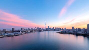 The city skyline of toronto is reflected in the water photo