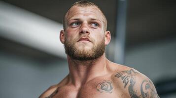 A man with tattoos and a beard standing in a gym photo