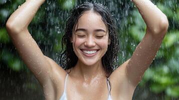 A woman is smiling while under a shower photo