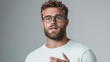 A man with glasses and beard is gesturing photo