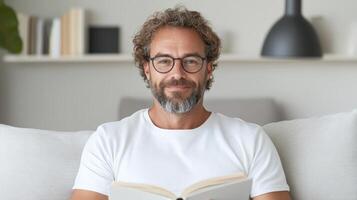 A man with glasses and a beard is reading a book photo