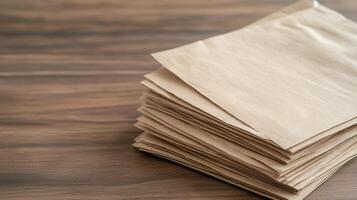 A stack of brown paper napkins on a wooden table photo